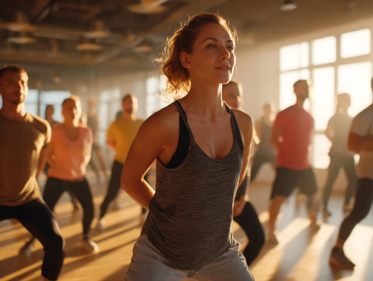 Активні люди різного віку займаються фітнесом на природі